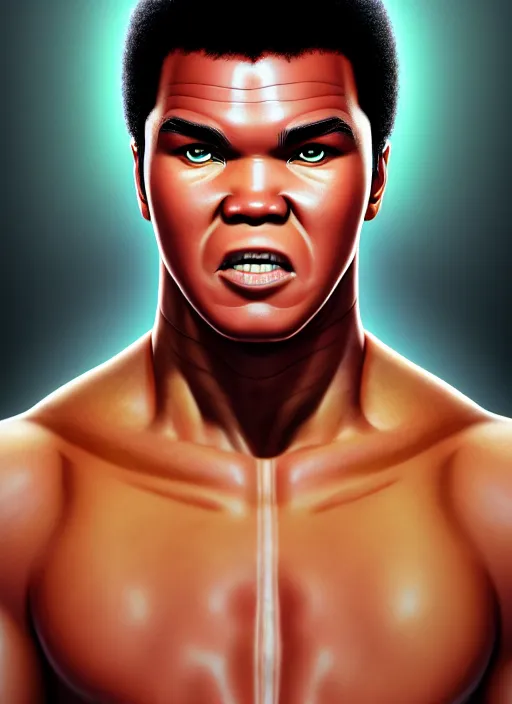 Image similar to portrait of muhammad ali from naruto, au naturel, hyper detailed, digital art, trending in artstation, cinematic lighting, studio quality, smooth render, unreal engine 5 rendered, octane rendered, art style by klimt and nixeu and ian sprigger and wlop and krenz cushart and masashi kishimoto