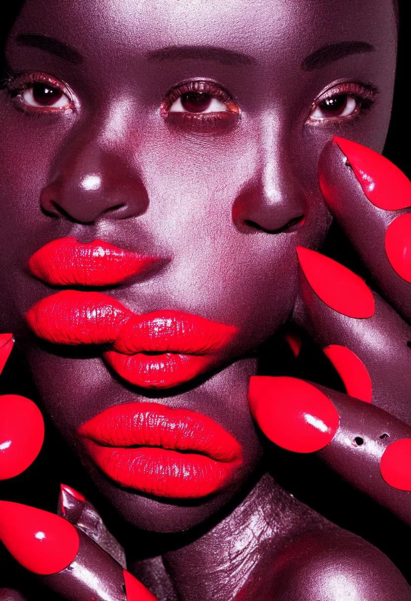 Image similar to medium shot, photograph of alluring dark skin female robot looking into camera, red lipstick, sharp focus,, chromatic abberations, as fashion editorial 90s