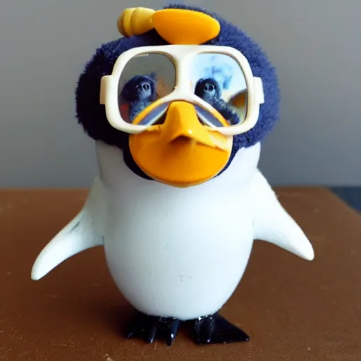 Prompt: cute penguin with goggles clay doll