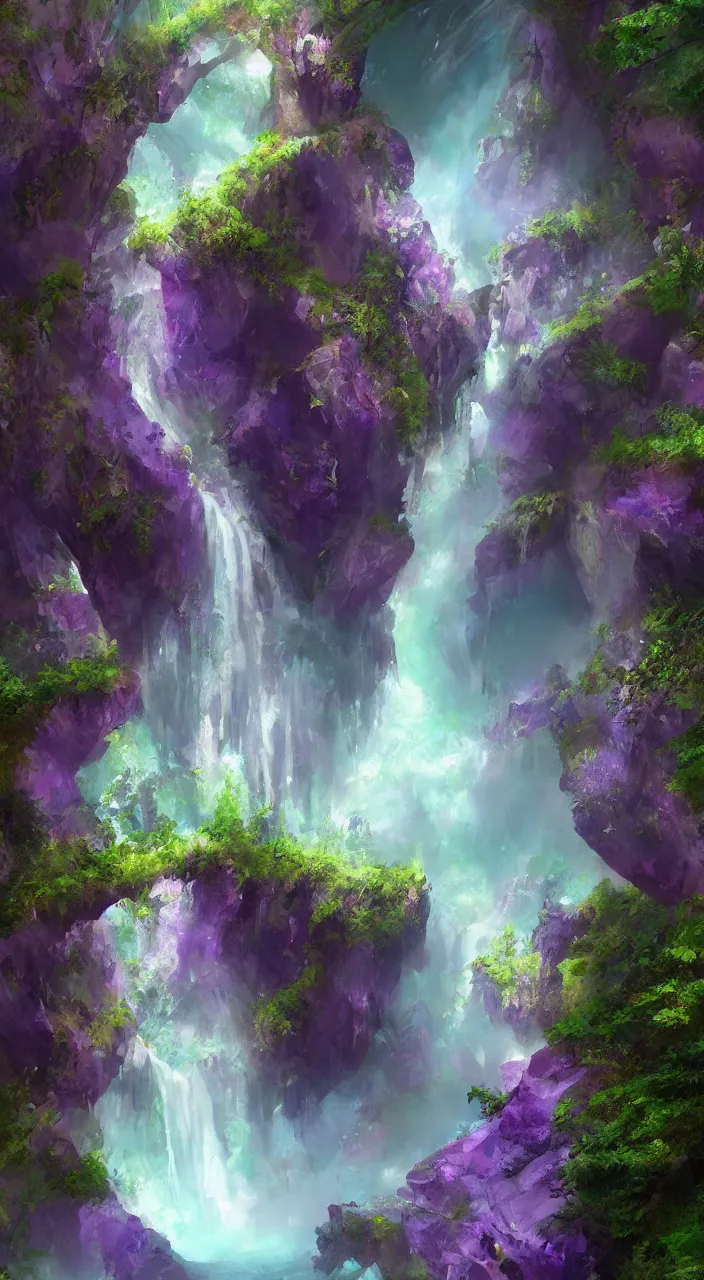 Prompt: a mystical dreamy waterfall cave with amethysts and lilac sunrays, trending on artstation, concept art, matte painting, 8 k