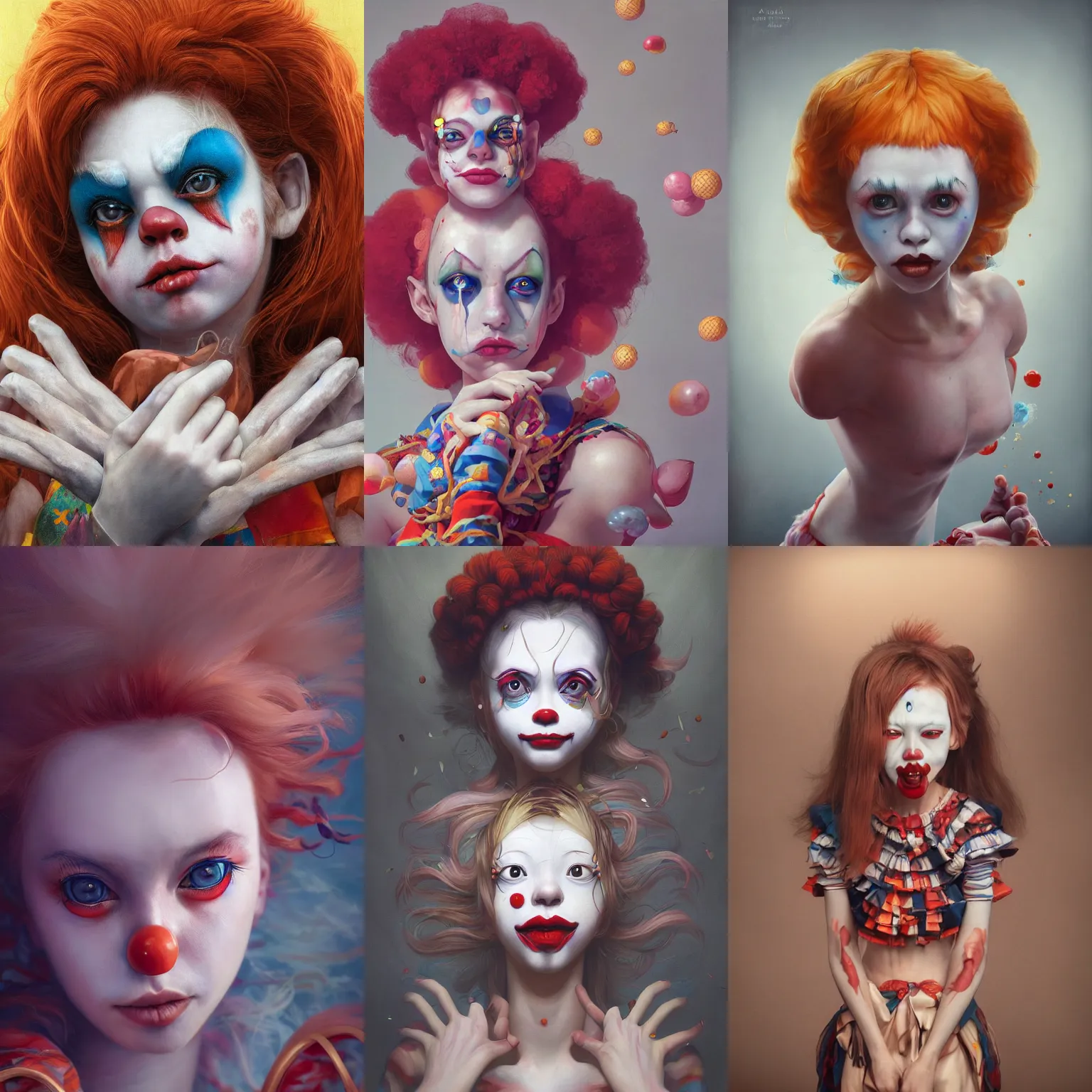 Image similar to breathtaking detailed painting of clown girl , with anxious, piercing eyes, Atari game cover art by Hsiao-Ron Cheng, James jean, Miho Hirano, Hayao Miyazaki, extremely moody lighting, hyperrealistic, octane render, RPG portrait, ambient light, dynamic lighting