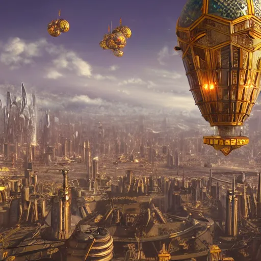 Prompt: enormous flying city in a faberge egg, sky background, steampunk, fantasy art, masterpiece, unreal engine