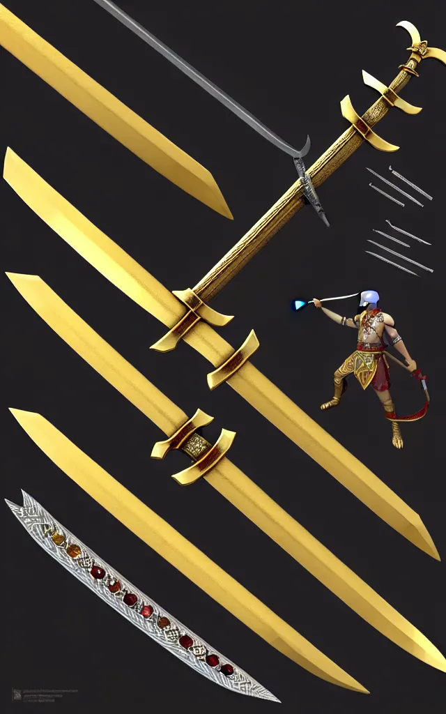 Image similar to very large detailed long sword, proportional image, clean background, 3 d octane render, blade, sharp, gold, gems,