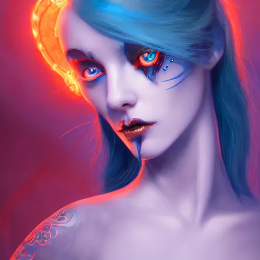 Image similar to perfectly - centered close - up face - portrait of blue - haired demoness with glowing - red - eyes, the perfect human female specimen, intricate, elegant, super highly detailed, professional digital painting, artstation, concept art, smooth, sharp focus, no blur, no dof, extreme illustration, unreal engine 5, 8 k, by anne stokes