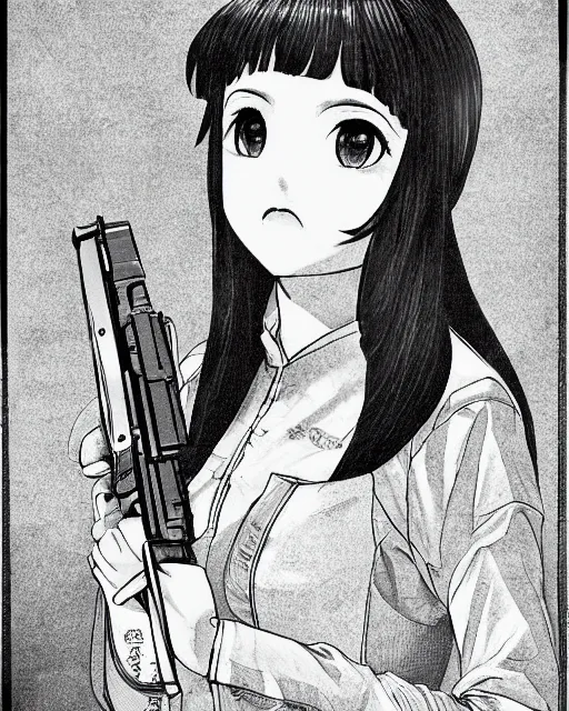 Image similar to portrait of a girl holding a pistol, detailed manga art panel, professional