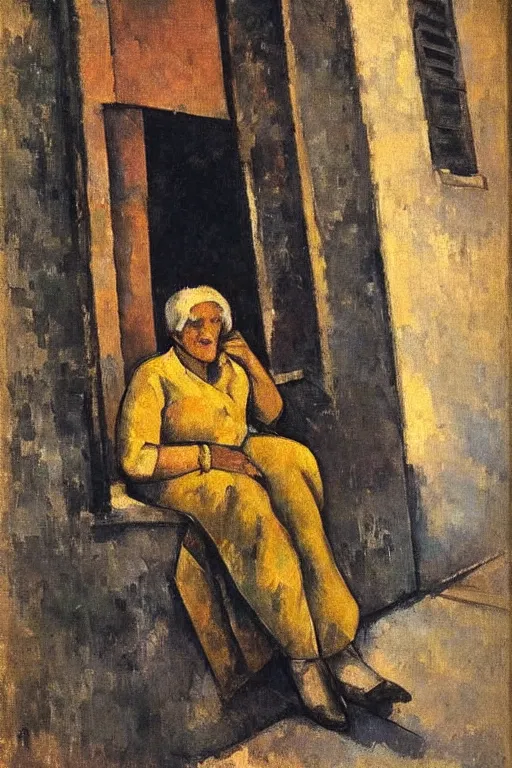 Image similar to an elderly and content italian woman leaning out of the window of an old building, smoking a cigarette, by paul cezanne, firenze, sunset, smooth, expressionist, gold, portrait