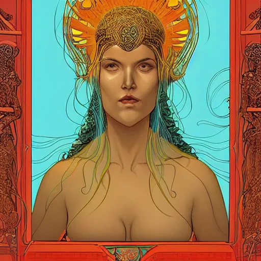 Image similar to an ancient goddess, by Moebius and jenny Frison, chromostereopsis