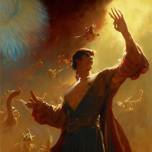 Image similar to attractive magician casts dark spell, summoning attractive lucifer morningstar. highly detailed painting by gaston bussiere, craig mullins, j. c. leyendecker 8 k