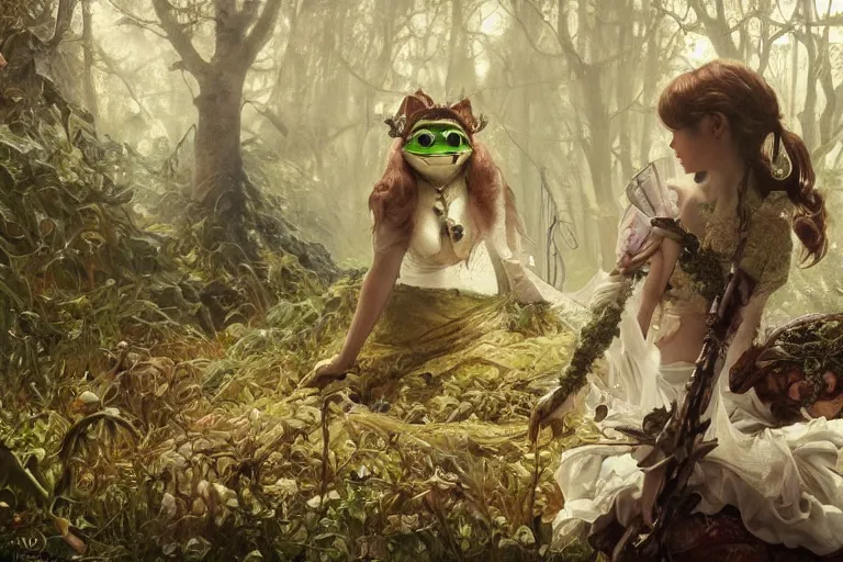 Image similar to music video screenshot of Pepe the Frog, unreal, fantasy, intricate, elegant, dramatic, highly detailed, photorealistic, digital painting, painterly, artstation, concept art, smooth, sharp focus, art by John Collier and Krenz Cushart and Artem Demura and Alphonse Mucha and Albert Aublet