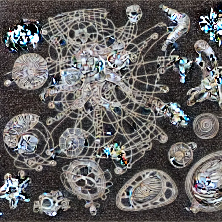 Image similar to a black and white drawing of a variety of sea life and filled with gundam mech equipment space station, a microscopic photo by ernst haeckel, zbrush central, kinetic pointillism, bioluminescence, biomechanical, intricate patterns, photoillustration