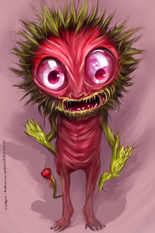 Image similar to a humanoid figure dandelion raspberry monster, large eyes and menacing smile, highly detailed, digital art, sharp focus, trending on art station, anime art style