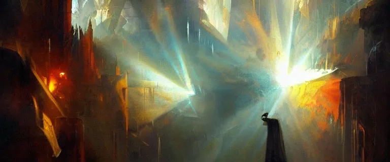 Prompt: black background. evil and badness attack christ from one side, but from christ's other side emerges light and life. like a prism with light passing through it. contrast of evil and good | painting by craig mullins. symbolic mural