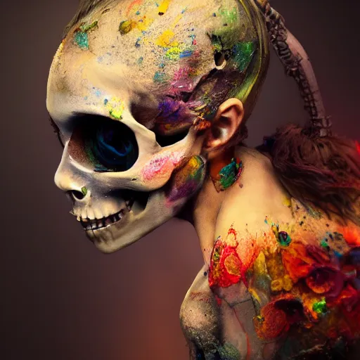 Image similar to full body pose, hyperrealistic mixed media painting of beautiful skull woman, dim volumetric lighting, 8 k, octane beautifully detailed render, extremely hyper detailed, intricate, epic composition, cinematic lighting, masterpiece, trending on artstation, very very detailed, masterpiece, stunning, hdr, smooth, sharp focus, high resolution, award, winning photo, dslr, 5 0 mm