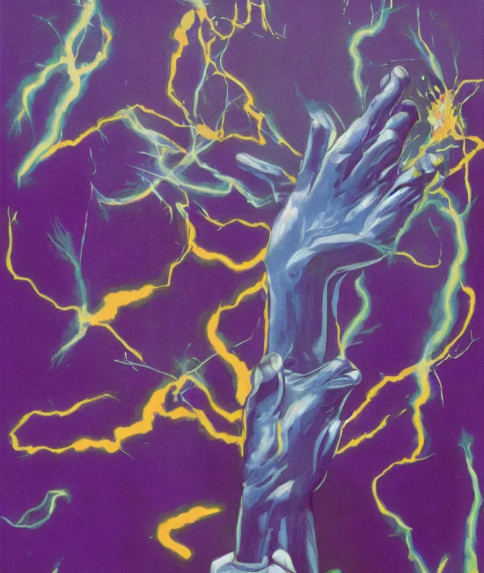 Prompt: two hands facing each other and transferring bolts of purple energy, art by francis bacon