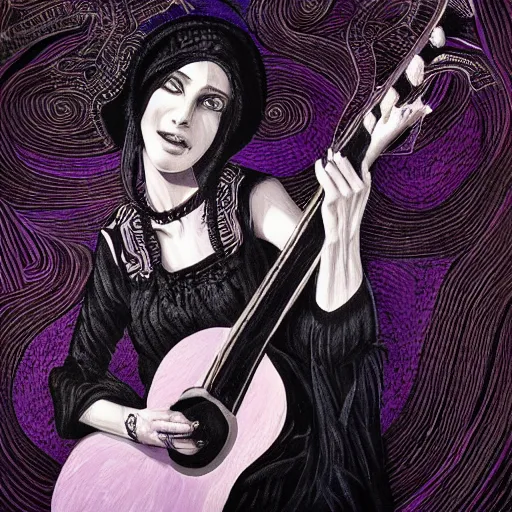 Prompt: black white purple realistic painting on black paper, folkloric illustration , the female guitar player , tarot by Andreas Rocha