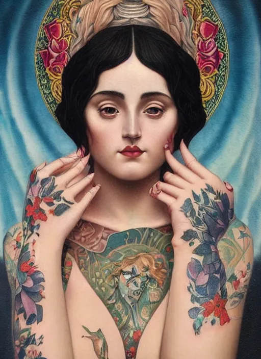 Image similar to beautiful enlightened woman instagram influencer with tattoos, tattooed skin, oil painting, robe, symmetrical face, dark ritual myth, by john william godward, anna dittman, sandra chevrier masterpiece