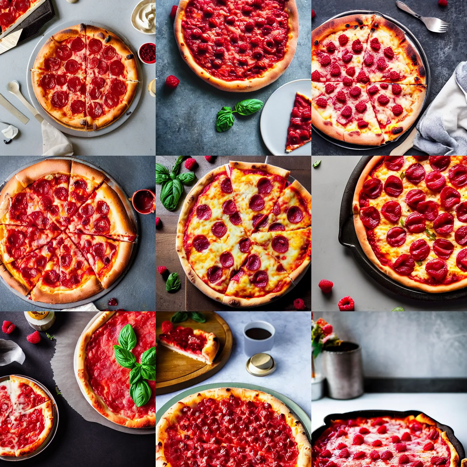 Prompt: a cheesy raspberry deep dish pizza, on a table, professional food photography