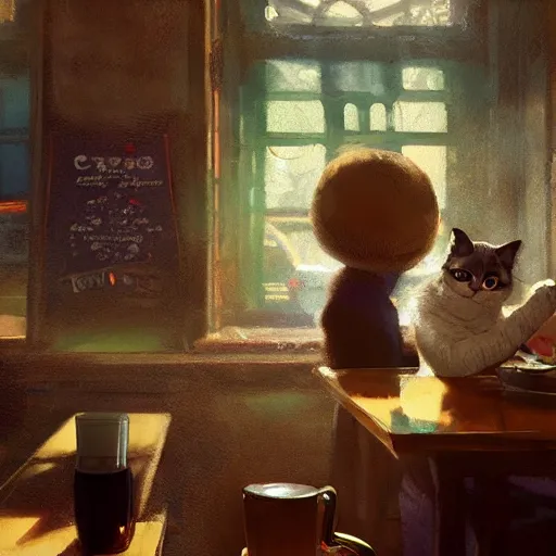 Image similar to a cat in a pub with beer, painting by craig mullins, octane rendering, soft morning lighting, wide angle lens, in the style of hayao miyazaki, trending on artstation,