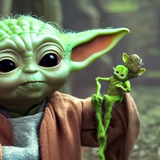 Image similar to Baby Yoda And groot meet each other for the first time 4K quality super realistic