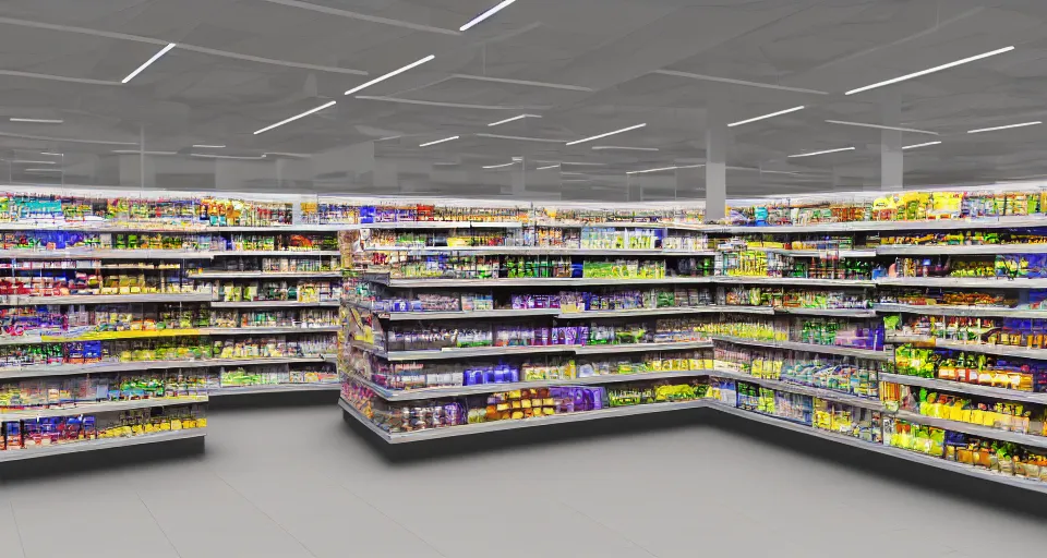 Image similar to vast futuristic supermarket with endless shelves, vray render, hyperrealistic