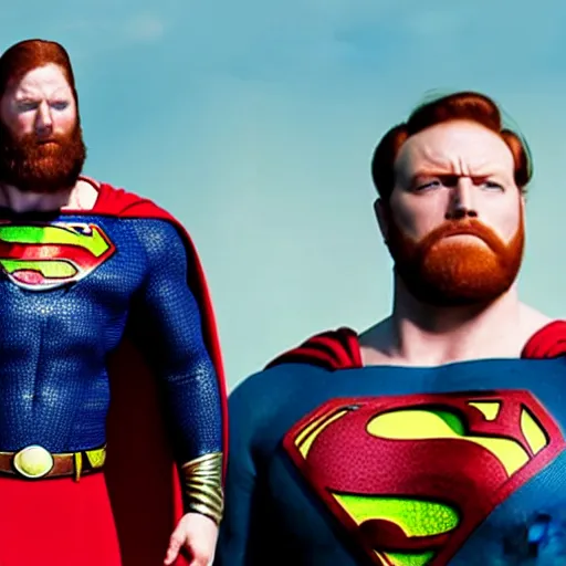 Image similar to angriestpat with red beard starring as superman, movie still, 8 k