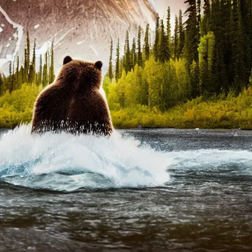 Image similar to bob ross riding on the back of a brown bear in alaska, outdoor, volumetric, hyperrealistic, shutterstock contest winner, national geographic photo, stockphoto, majestic