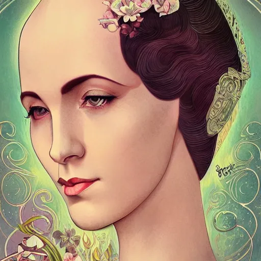 Image similar to an art nouveau, ( streamline moderne ), multi - racial portrait in the style of anna dittmann and charlie bowater and chanthara. very large, clear, expressive, and intelligent eyes. centered, ultrasharp focus, dramatic lighting, photorealistic digital matte painting, intricate symmetrical ultra detailed background.