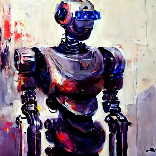 Prompt: a portrait of a robot with high tech armor, high detailed greg rutkowski painting, by adrian ghenie and gerhard richter. art by james gurney. masterpiece, deep colours.