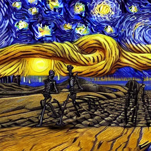 Image similar to 3 d render, skeleton, walking, desert, ship, in the style of van gogh starry night.