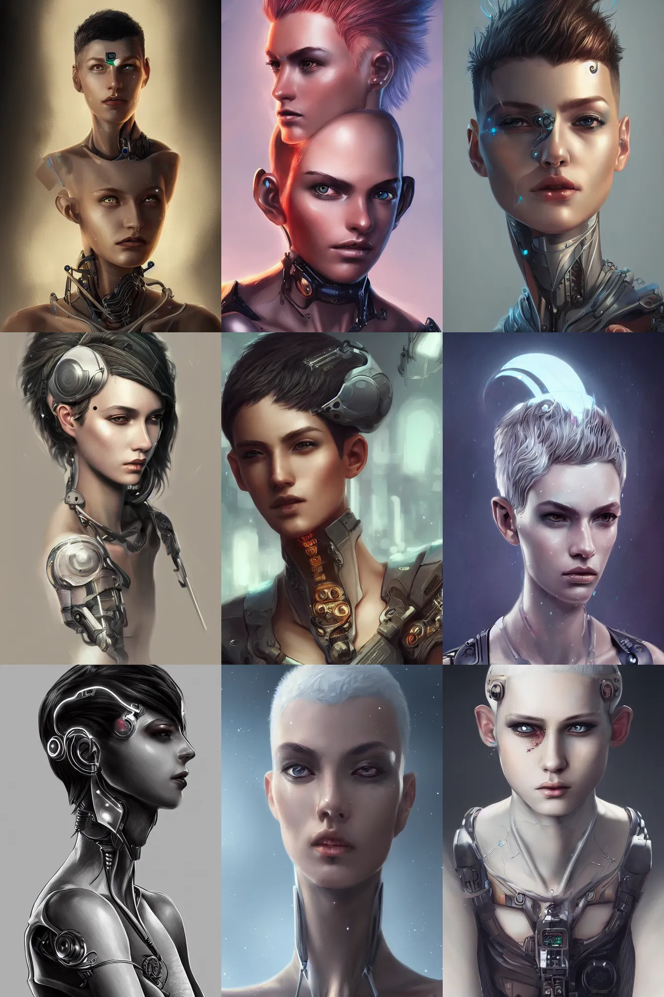 Prompt: Ultrarealistic illustration beautiful young androgynous person, shaved hair, cyborg, cyberpunk, sci-fi fantasy,intricate,elegant,highly detailed, digital painting, artstation, concept art