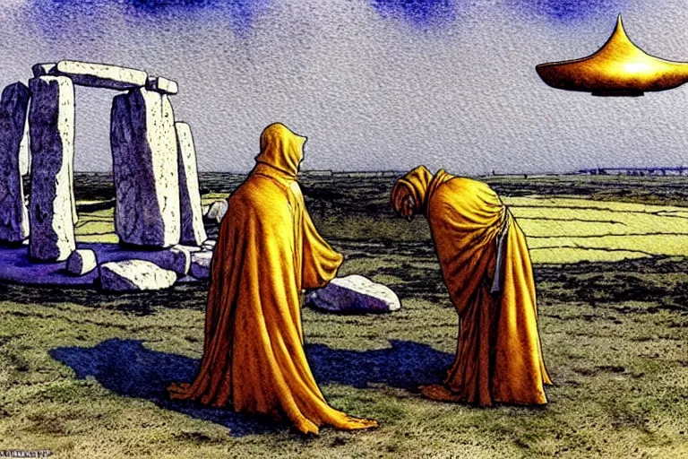 Image similar to a realistic and atmospheric watercolour fantasy concept art of a golden ufo landing on top of stonehenge. a giant medieval monk in grey robes on his knees praying. muted colors. by rebecca guay, michael kaluta, charles vess and jean moebius giraud