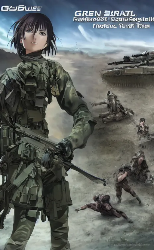 Image similar to brown hair girl, trading card front, future soldier clothing, future combat gear, realistic anatomy, concept art, professional, by ufotable anime studio, green screen, volumetric lights, stunning, military camp in the background, metal hard surfaces, focus on generate the face, tanny skin, strafing a10 warthog