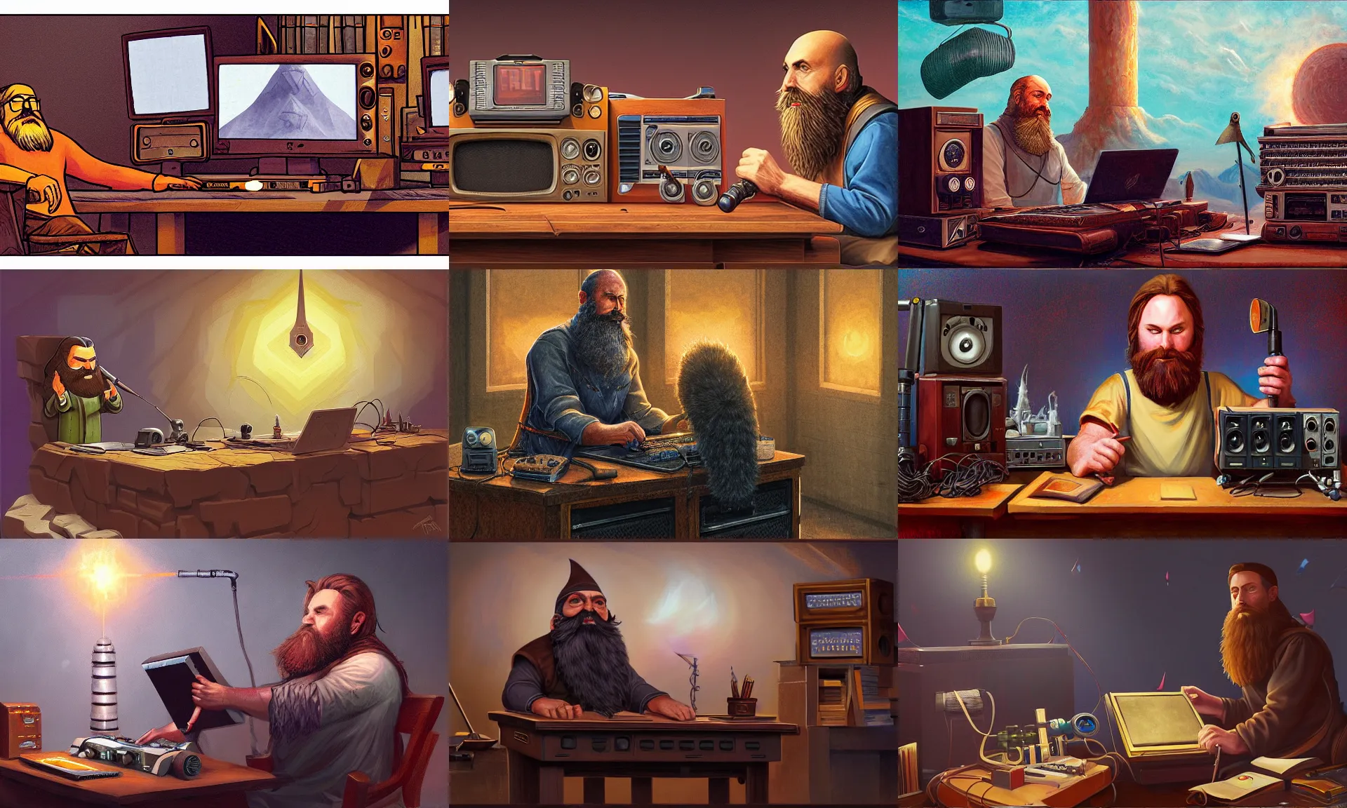Prompt: wizard, bearded man, radio equipment, desk, tome, by Noah Bradley