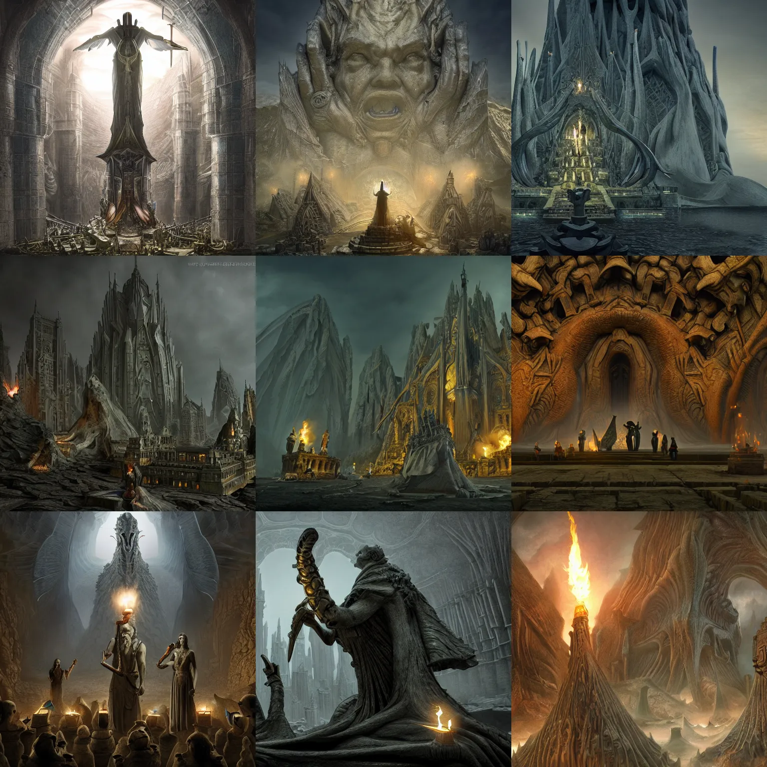 Prompt: epic statue of goose god, lovecraft madness style, insane architecture, worshipers with torches around, cult, Marc simonetti, Detective, Zaha Hadid, detailed futuristic architecture, Maya render, raytracing, epic cinematography, in the style of Lord of the Rings, Weta Digital, Wētā FX