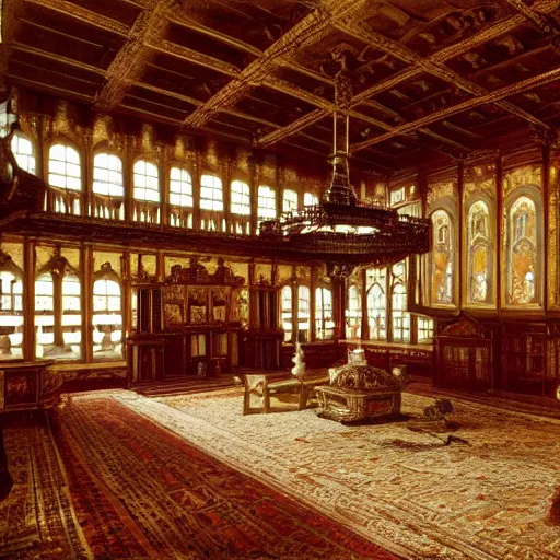 Image similar to interior of a Tudor Mansion Hall, grand and fully furnished, 18th century, highly detailed, atmospheric, cinematic composition and lighting, 8k