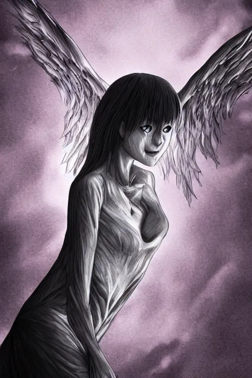 Image similar to angel of death smiling in the dark night, 3 d rendered digital art, by junji ito, sui ishida