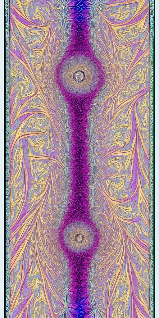 Image similar to a beautiful colorful vaporwave fractal tarot card featuring bold occult imagery with clean lines. haeckel. detailed adult coloring book