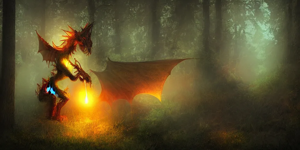Prompt: mysterious glowing dragon at night, in the forest, digital art