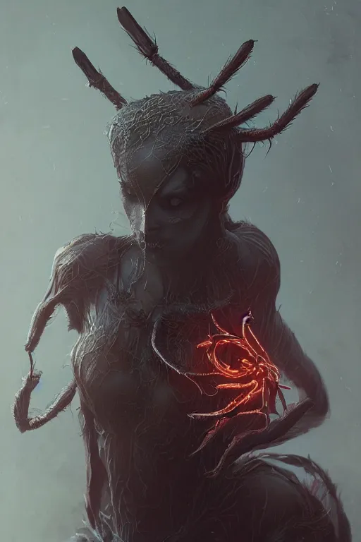 Image similar to A fancy portrait of a half women half spider creature by Greg Rutkowski, beeple, Sung Choi, Mitchell Mohrhauser, Maciej Kuciara, Johnson Ting, Maxim Verehin, Peter Konig, Bloodborne, 8k photorealistic, cinematic lighting, HD, high details, dramatic, dark atmosphere, trending on artstation