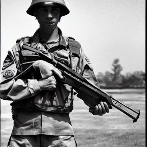 Prompt: jordan peterson holding an ak - 4 7 in military uniform, military photo, vietnam war