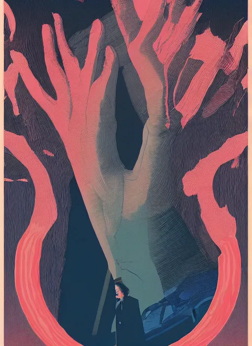 Prompt: Twin Peaks poster artwork by Michael Whelan and Tomer Hanuka, Karol Bak of portrait of Michael Shannon!! the local mechanic clerk discovering aliens, from Twin Peaks, clean, simple illustration, nostalgic, domestic, full of details