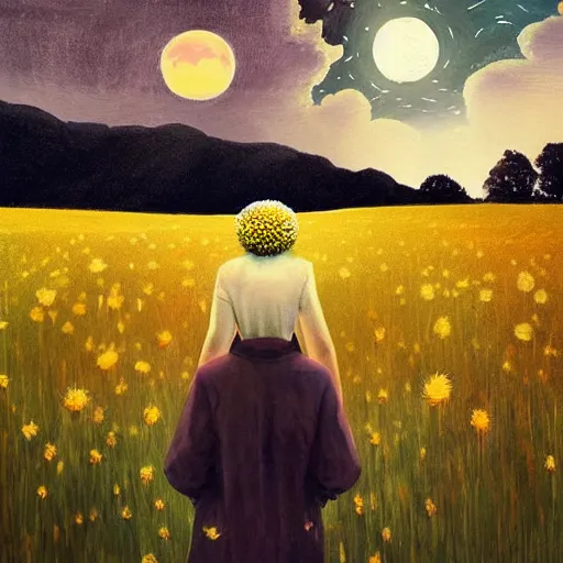 Image similar to giant daisy flowers as a head, girl walking in wheat field, hills, surreal photography, moon light, dark night, star trails, dramatic light, impressionist painting, clouds, digital painting, artstation, simon stalenhag