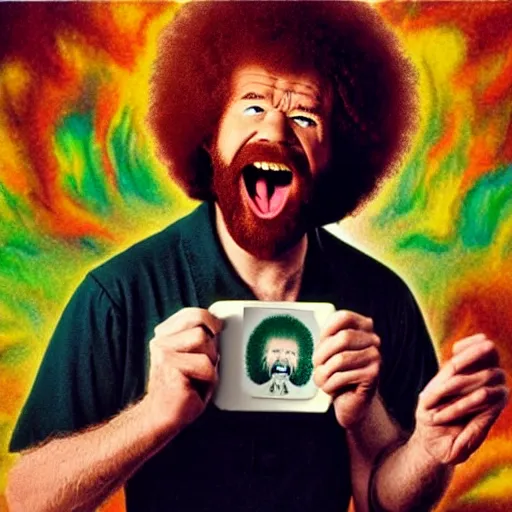 Image similar to bob ross screaming in mouth of bob ross screaming on a bad acid trip