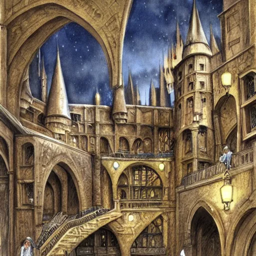 Image similar to hogwarts grand staircase, a detailed matte painting by anton pieck, deviantart contest winner, fantasy art, concept art, official art, matte drawing