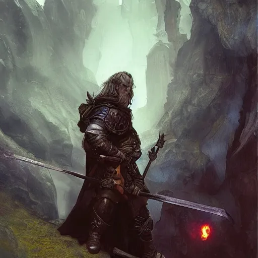 Image similar to Das Schwarze Auge Cover Artwork, a dwarf, an elf, a mage, a knight, adventures, dramatic light, highly detailed, dragon in the sky, photorealistic artwork, oil on canvas, style like Craig Mullins, Jaime Jones, Anna Steinbauer or Alphonse Mucha, amazing and super beautiful artwork, grouped values