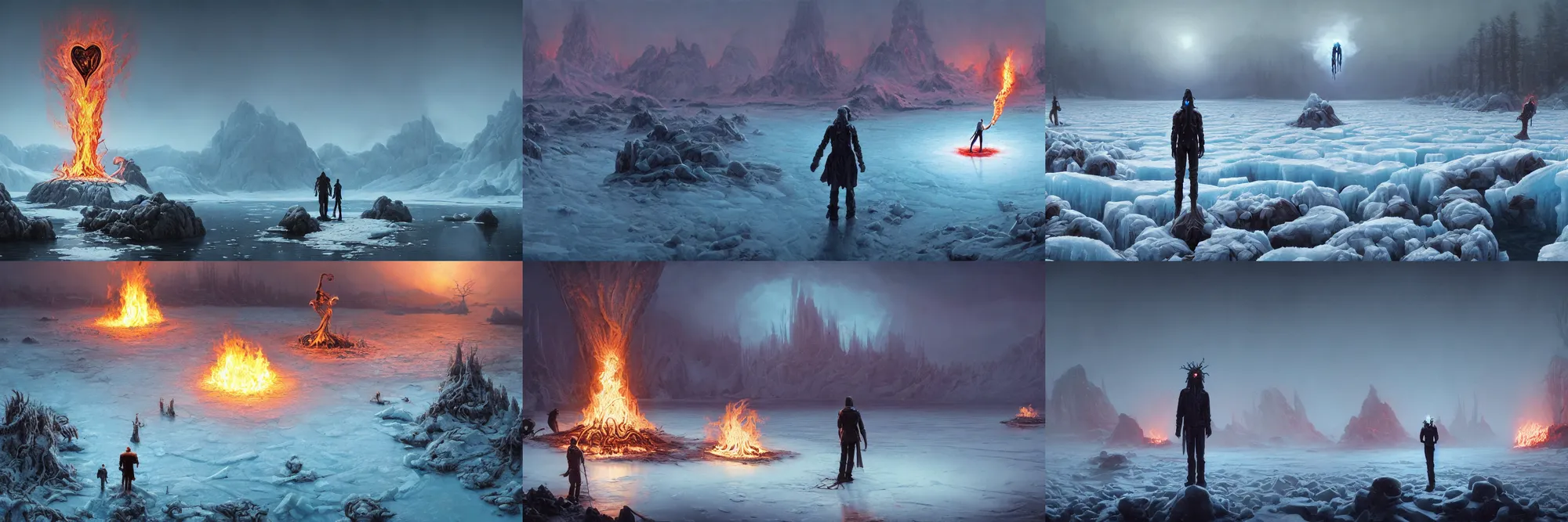 Prompt: An ultrawide shot of a surreal icy lake with a necromancer standing in center, holding an anatomically correct human heart on fire with blazing flames by HR Giger Simon Stålenhag greg rutkowski, an epic fantasy, dramatic lighting, cinematic, establishing shot, extremely high detail, photorealistic, cinematic lighting, artstation, by simon stalenhag, horizon forbidden west ray tracing rendered in octane 8k 3d light study