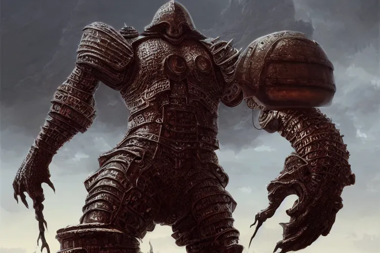 Prompt: ultrarealistic massive giant iron golem, large metal helm bladed iron mantle etched iron armor red cape, bone plants, fantasy character portrait, octane render, extreme intricate details, cinematic lighting, volumetric lighting, ultra wide angle, artstation, dnd art, cgsociety, sharp focus, beautiful digital painting by artgerm, gerald brom, wlop