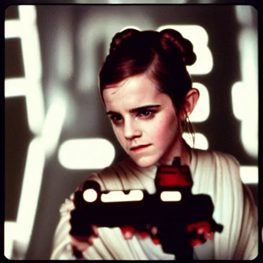 Image similar to film still of emma watson as princess leia organa in star wars, polaroid, photography, film, kodak