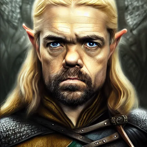 Prompt: peter dinklage as legolas ( pointed ears ), digital painting, extremely detailed, 4 k, intricate, brush strokes, mark arian, artgerm, bastien lecouffe - deharme