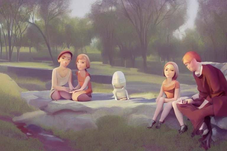 Prompt: beautiful painting of friends sitting on the edge, cute, soft light, digital painting by diane arbus and ralph mcquarrie and harry bertoia octane render